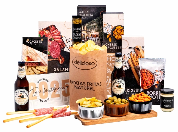 Bourgondische kerstpakketten met borrelhapjes.