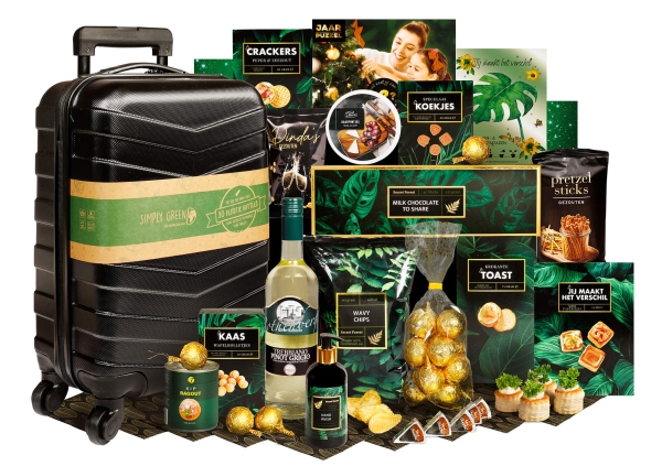 Op reis kerstpakket met stijlvolle trolley en heerlijk eten