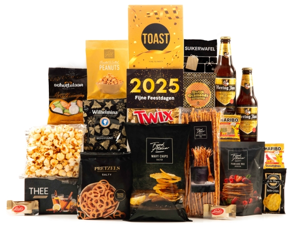 Voedselpakket met luxe producten en een luxe uitstraling.