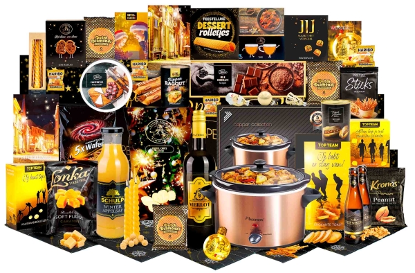 Kerstpakket met veel items voor een hoger budget.